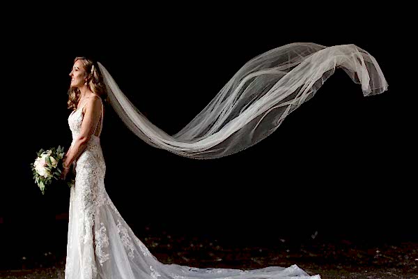 A Dodford Manor Wedding Photographer captures a bride with her veil blowing in the wind.
